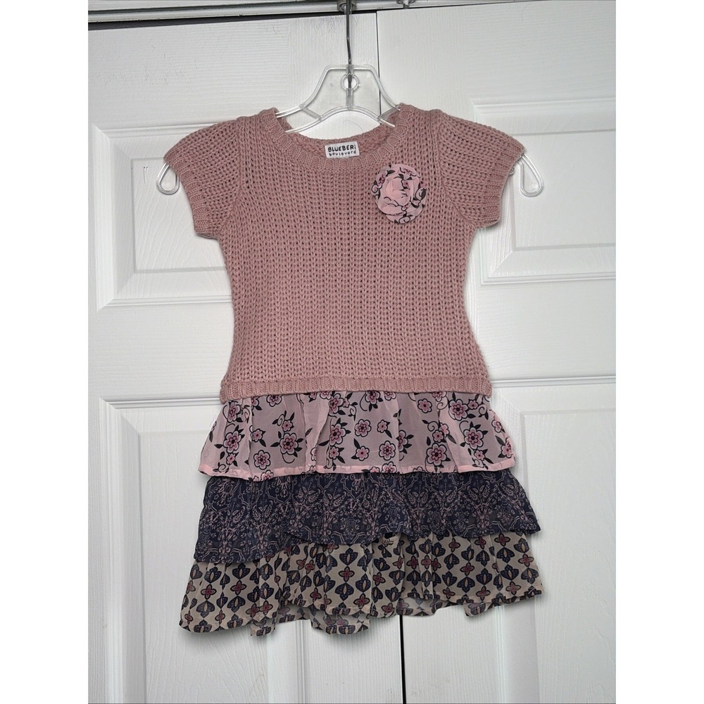 Blueberi Boulevard Tiered Ruffle Dress Girls Size 4 Pink Boho Knit Floral Tiered